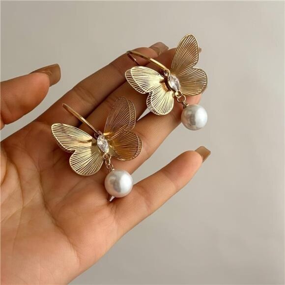 Vintage Gold Butterfly Dangle Earrings – Pearl Accent Alloy Statement Jewelry - Picture 5 of 5